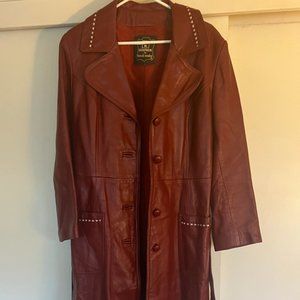 Vintage 70s Dani D Modes 24K Leather Trench Coat Belted Red Jacket